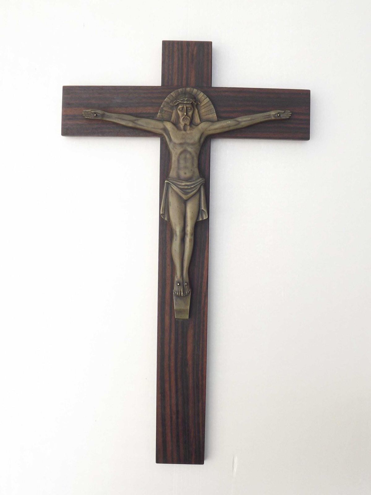 Vintage French Devotional Wooden Wall Cross Stamped Bronze Jesus Figure   French Vintage; Religious Wall Hanging. Vintage Religious Decor. photo furniture