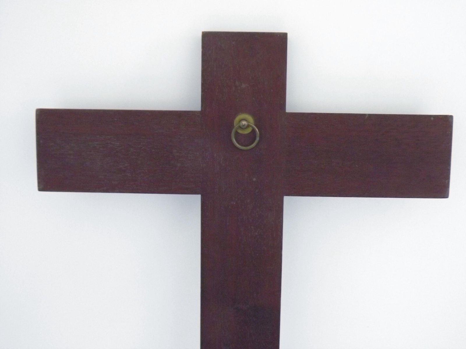 photo for sale Vintage French Devotional Wooden Wall Cross Stamped Bronze Jesus Figure   French Vintage; Religious Wall Hanging. Vintage Religious Decor.