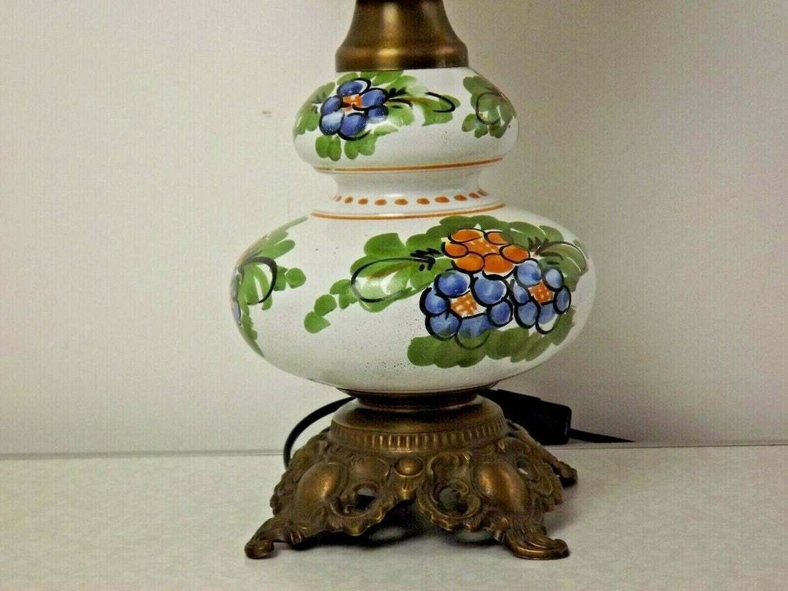 French Vintage Floral Ceramic Lantern Style Table Lamp With Etched Funnel  French Vintage Lighting. Table Lamp. Country Lantern Style Lamp. photo buy