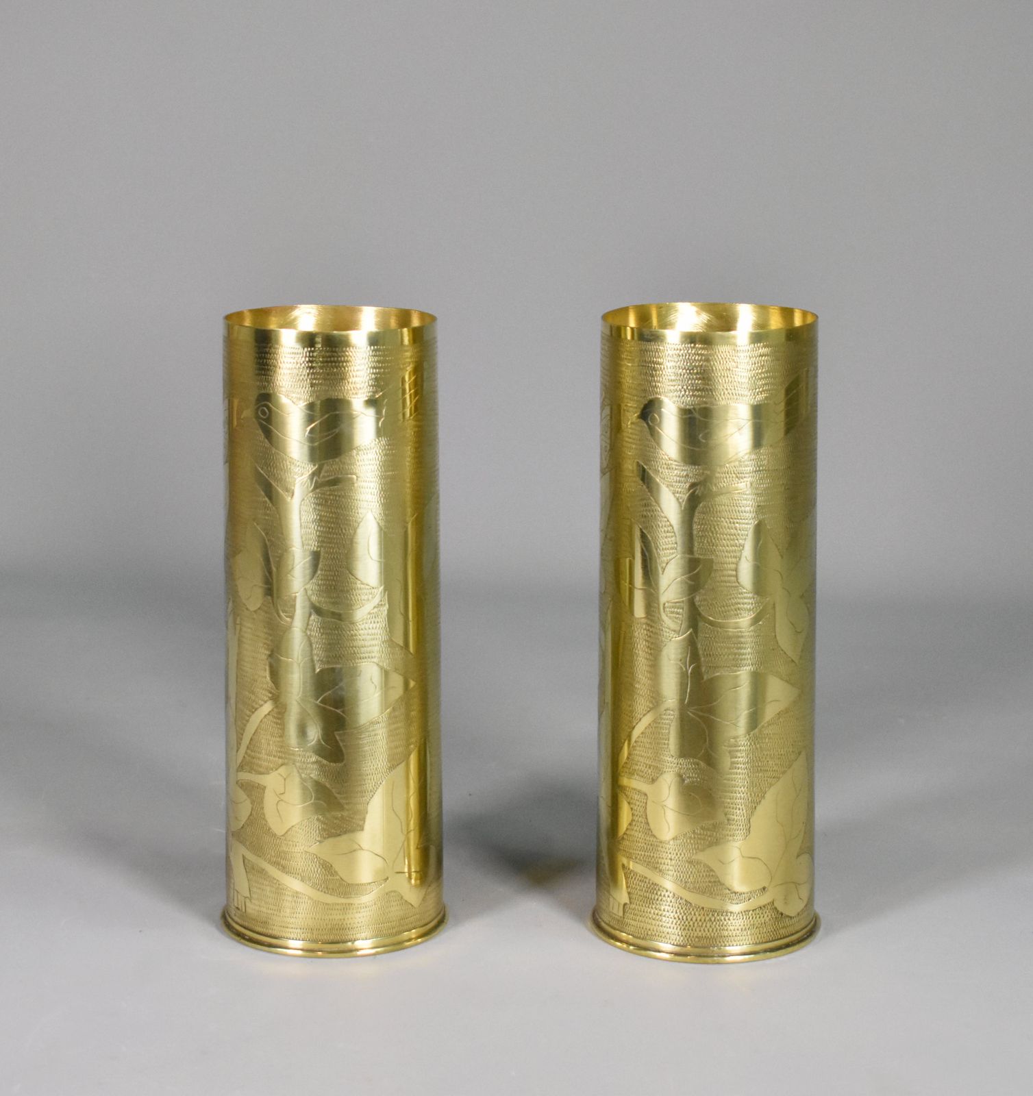 Pair Antique French Trench Art Brass Shell Vases Ww1