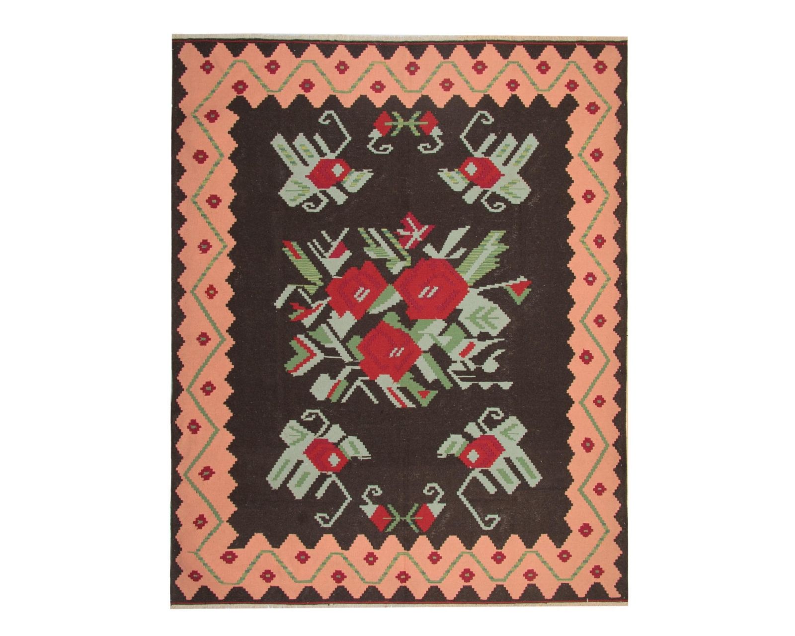 1940s Moldavian Kilim Rug: Large Floral Wool Flatweave, Oriental Folk Art (306x242cm