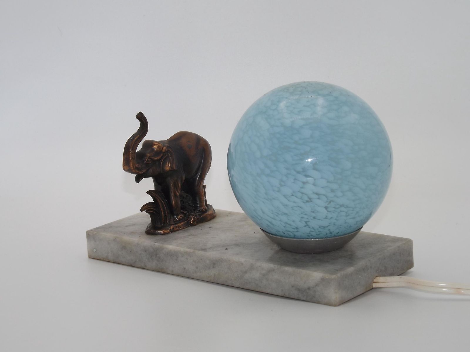 Vintage French Art Deco Tedd Elephant Lamp Marble Base Blue Clichy Shade   Vintage French Lighting. French Art Deco Lamp. Signed Tedd Lamp.