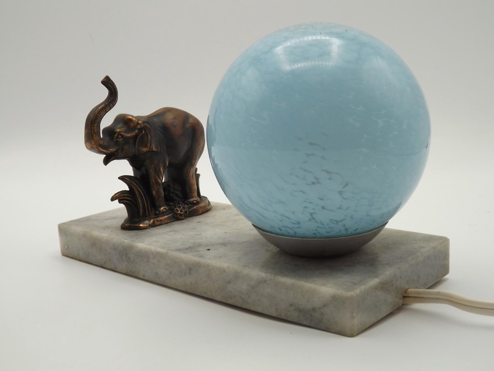Vintage French Art Deco Tedd Elephant Lamp Marble Base Blue Clichy Shade   Vintage French Lighting. French Art Deco Lamp. Signed Tedd Lamp. photo Lighting