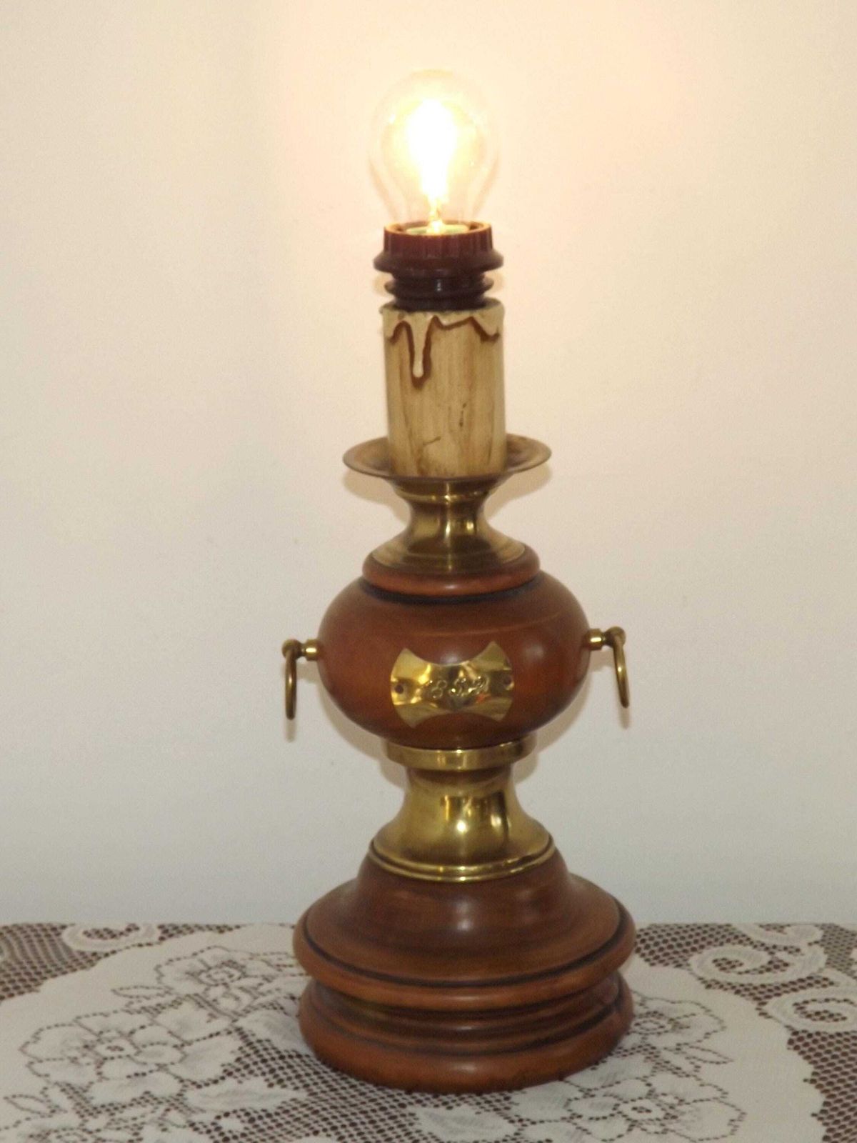 French Mid Century Round Turned Wood Lamp Base With Gold 1852 Tag & Handles   French Vintage Lighting. Wooden Lamp Base. Nautical Theme photo for sale