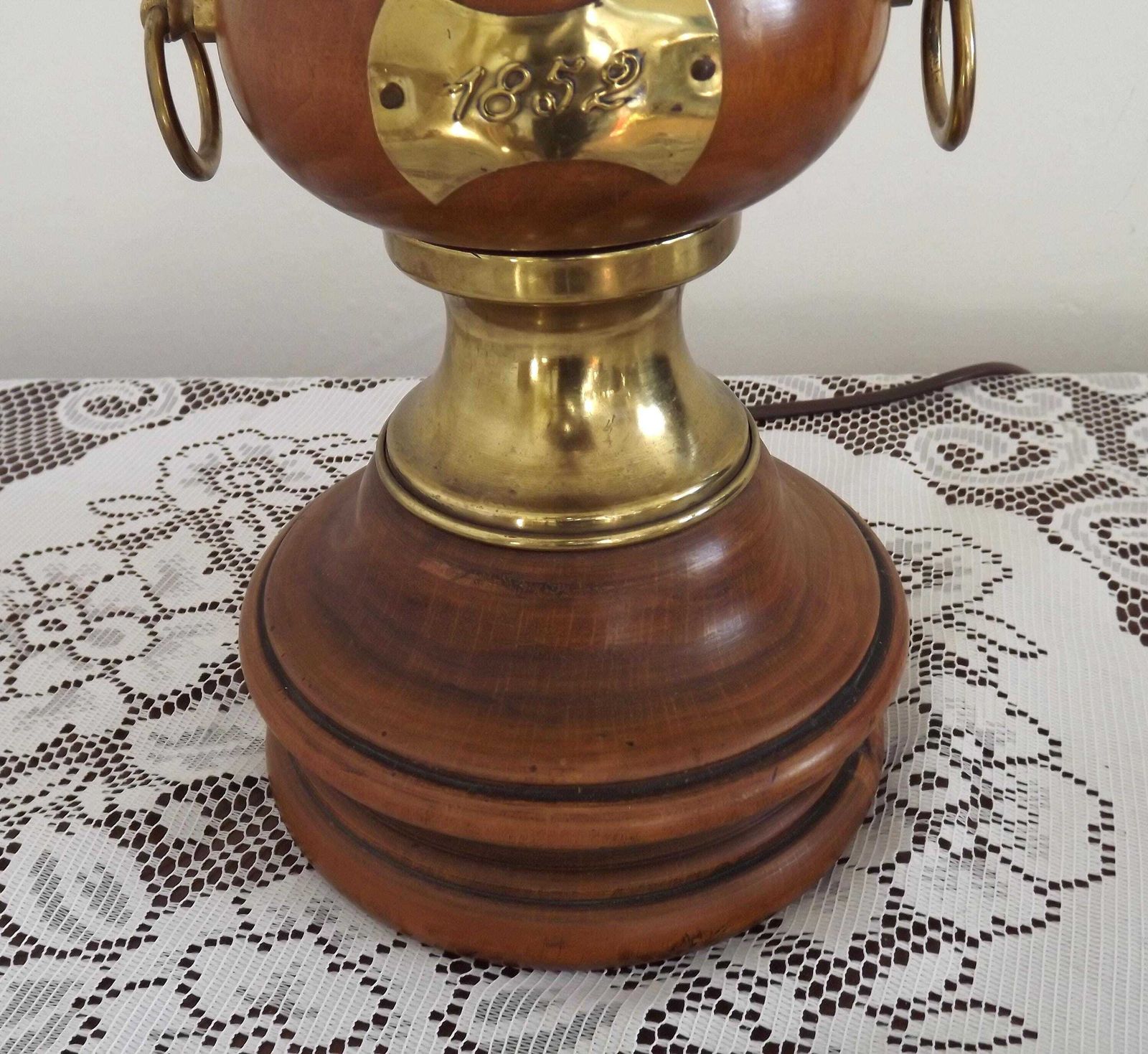 French Mid Century Round Turned Wood Lamp Base With Gold 1852 Tag & Handles   French Vintage Lighting. Wooden Lamp Base. Nautical Theme photo vintage