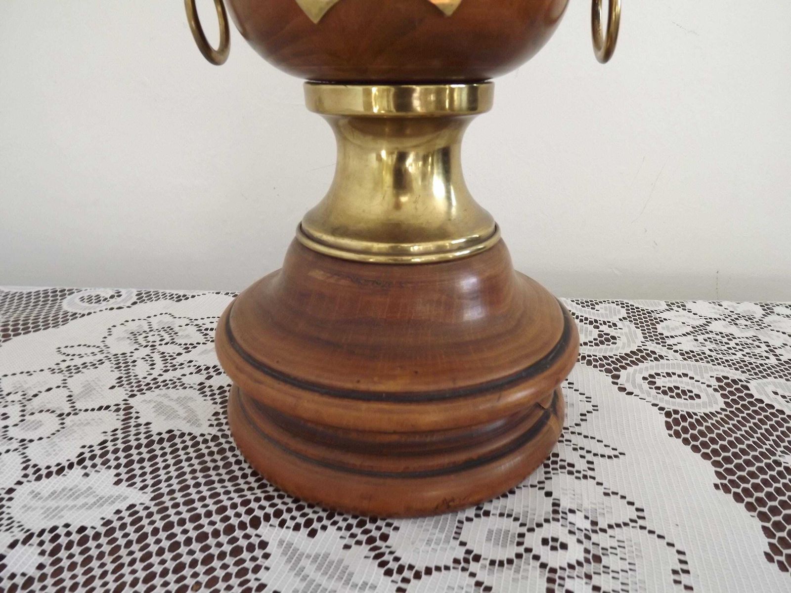 photo furniture French Mid Century Round Turned Wood Lamp Base With Gold 1852 Tag & Handles   French Vintage Lighting. Wooden Lamp Base. Nautical Theme