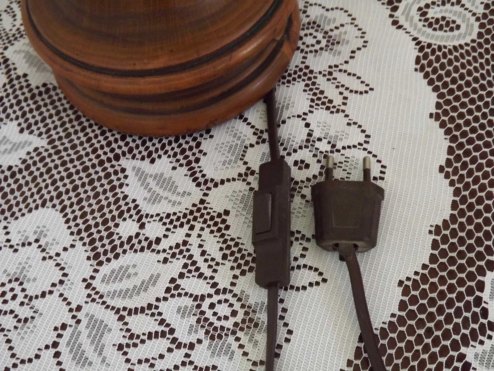 photo for sale French Mid Century Round Turned Wood Lamp Base With Gold 1852 Tag & Handles   French Vintage Lighting. Wooden Lamp Base. Nautical Theme