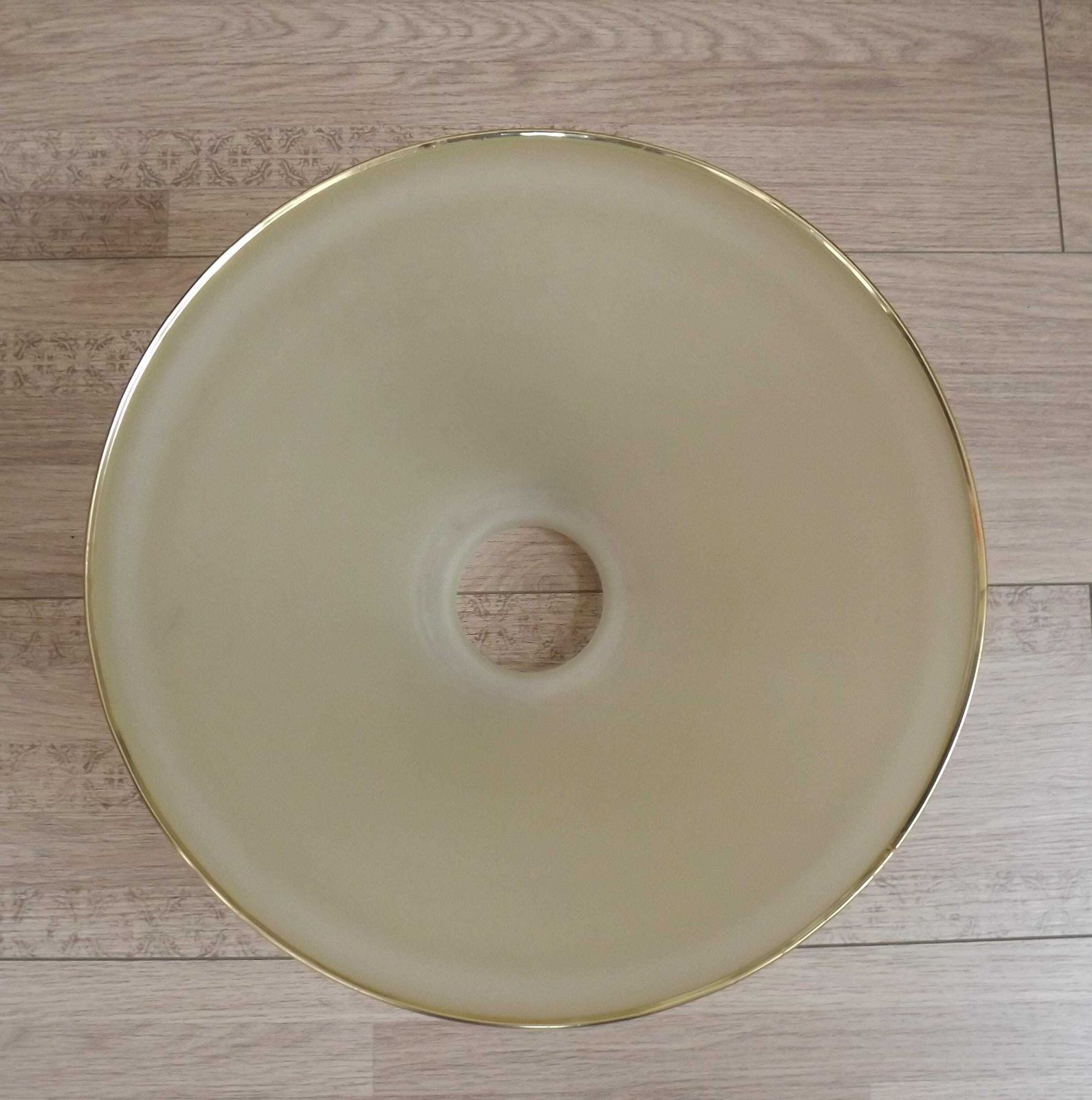 French Mid Century Coloured Glass Hanging Shade With Gold Metal Rim   Vintage French Lighting. Hanging Ceiling Light . Yellow Tinge Shade. photo vinterior