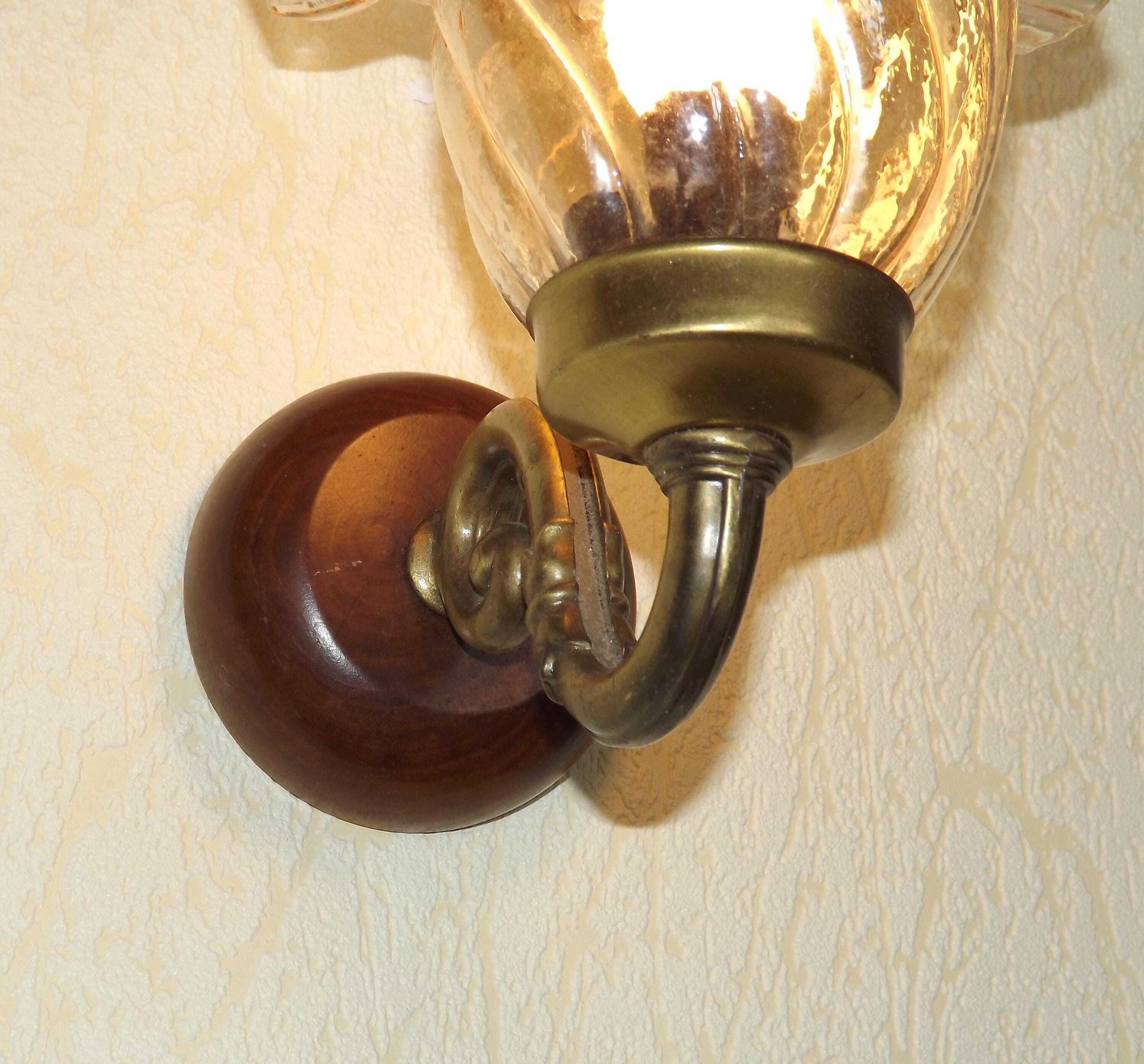 photo furniture French Vintage Wood & Bronze Effect Metal Up Light Wall Light With Frilled Amber Glass Shade. French Vintage Lighting. Vintage Wall Scnce.