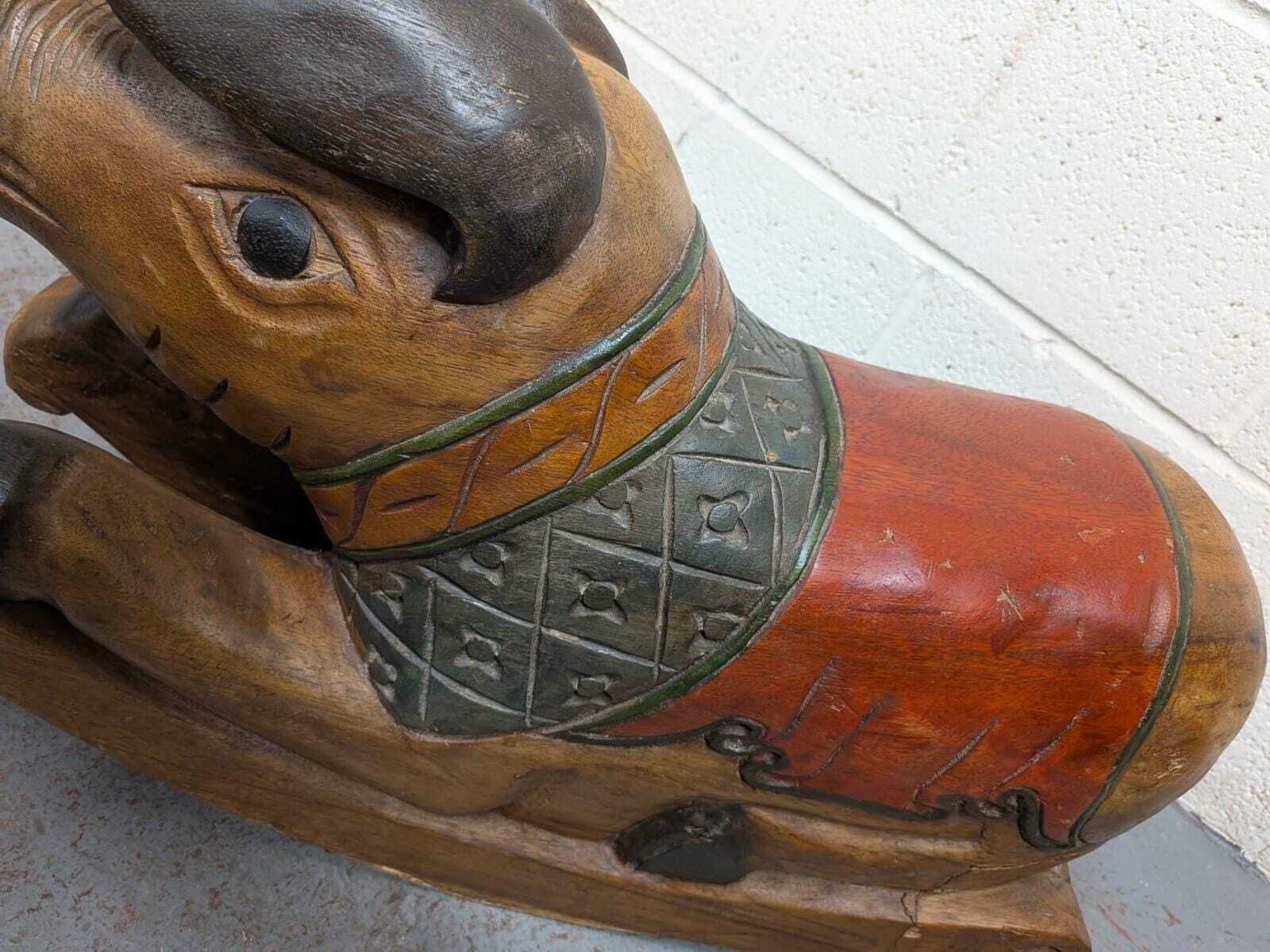 Vintage Polychrome Carved Wooden Rocking Pig photo for sale