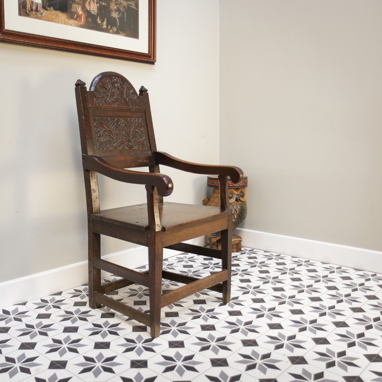 Wainscot Chair Oak 18th Century Hand Carved Back
