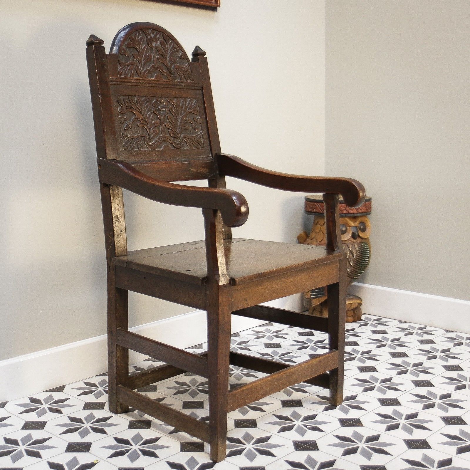 Wainscot Chair Oak 18th Century Hand Carved Back photo for sale