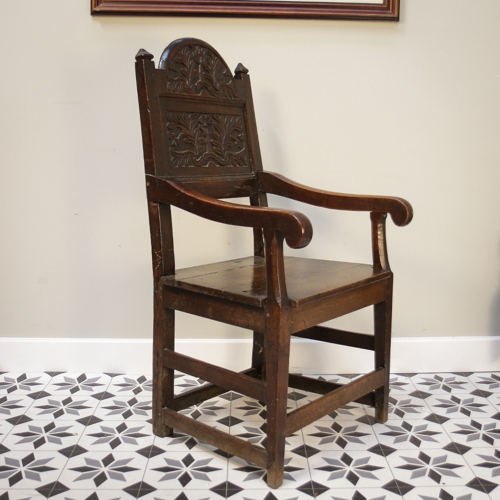 Wainscot Chair Oak 18th Century Hand Carved Back photo vinterior