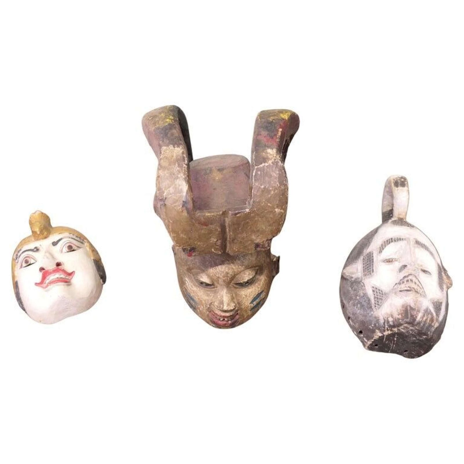 3 Carved Wooden Ceremonial Masks From Nigeria, Africa And Indonesia