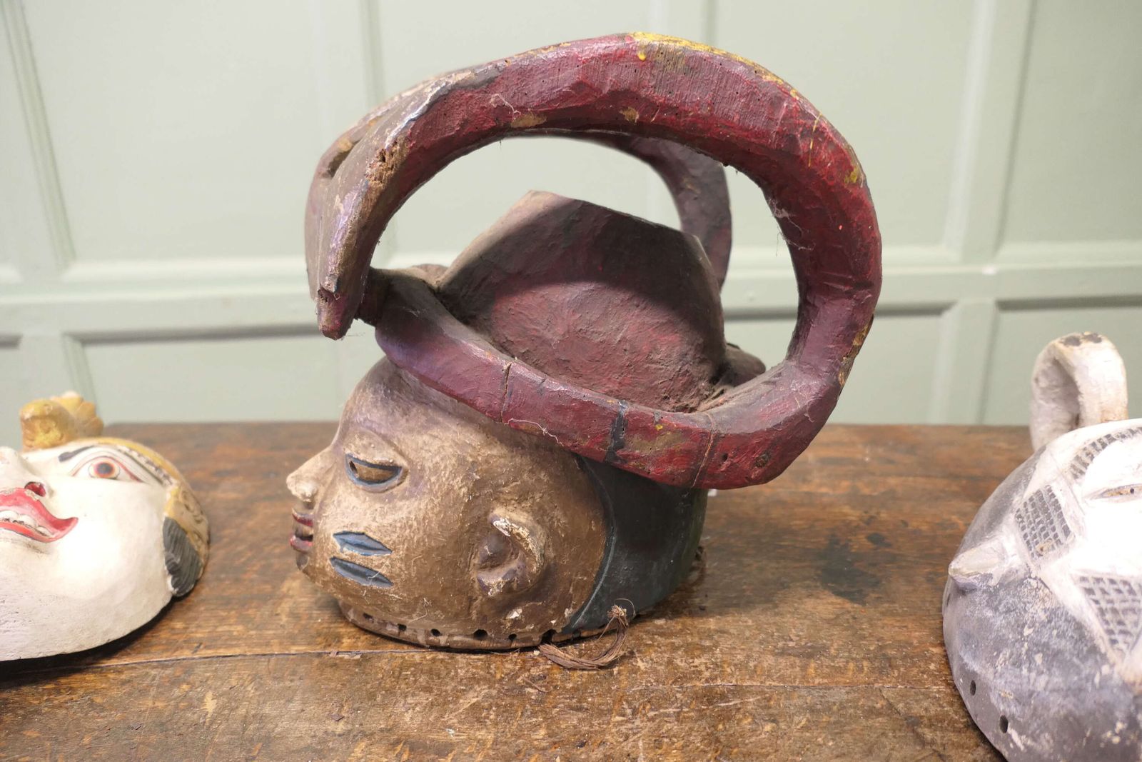 3 Carved Wooden Ceremonial Masks From Nigeria, Africa And Indonesia photo for sale
