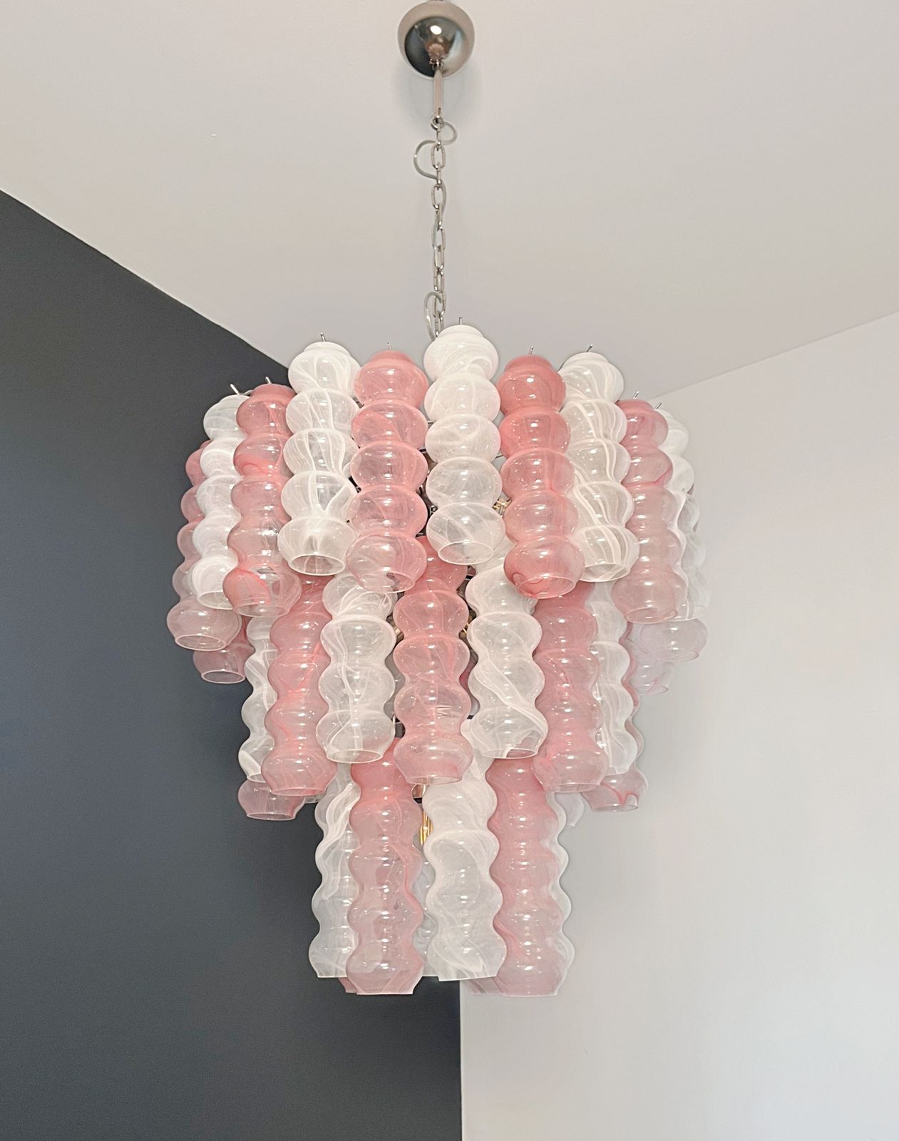 Large Three Tier Murano Glass Tube Chandelier   White And Pink Albaster photo for sale