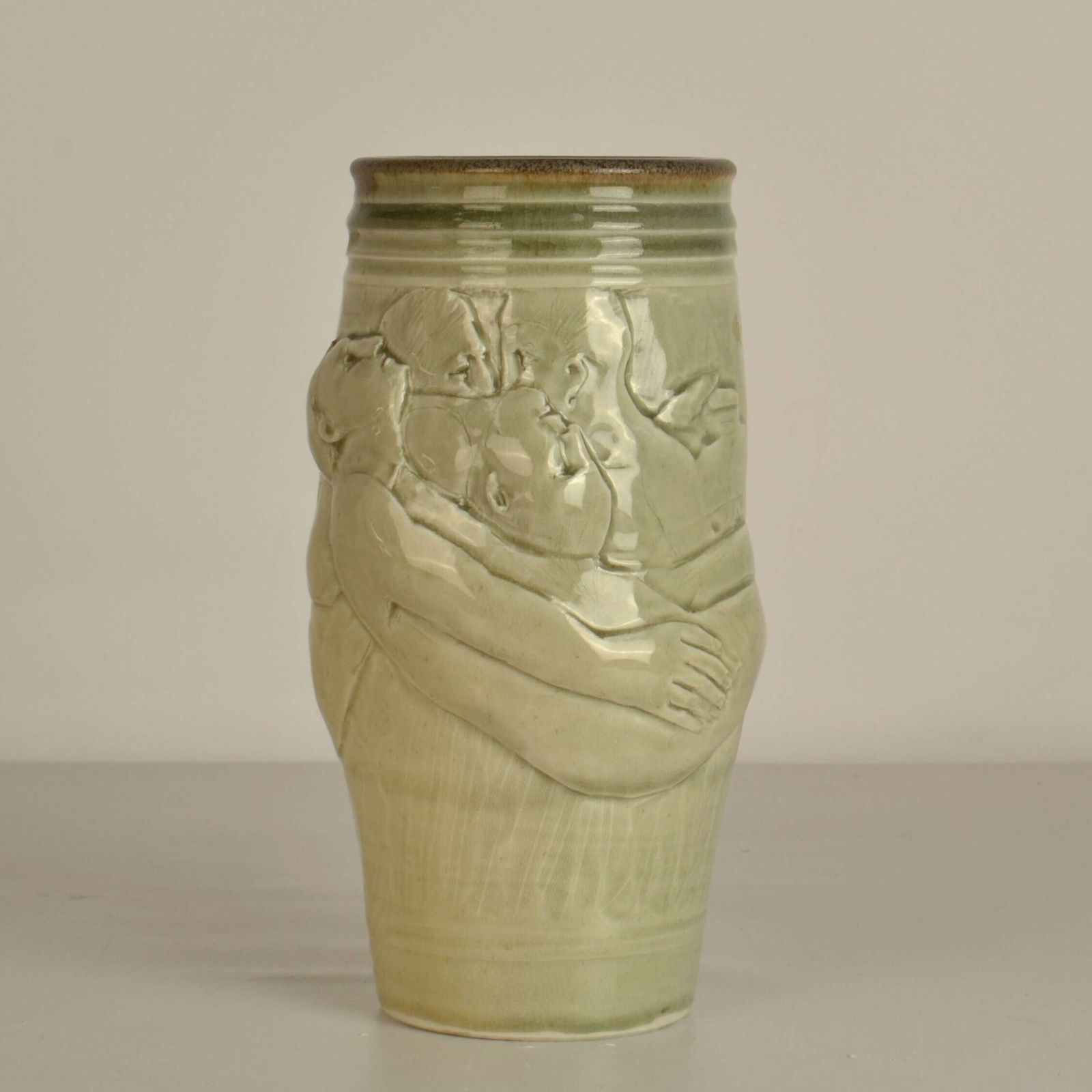 Figurative Ceramic Vase By Arnaud Lang With Bas Relief Of Men photo for sale