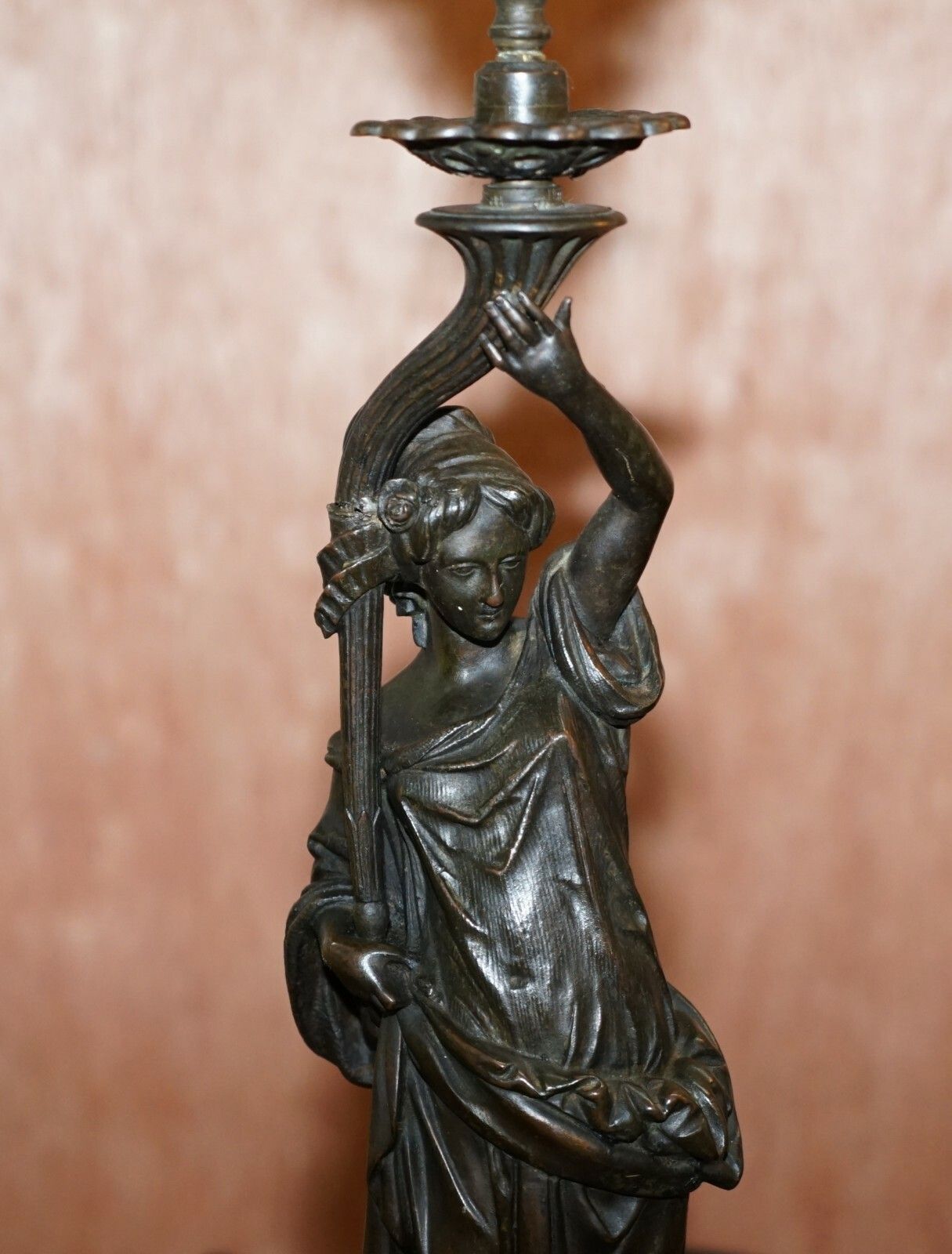 Pair Of Late Victorian French Solid Bronze Table Lamps Of Art Nouveau Maidens photo for sale