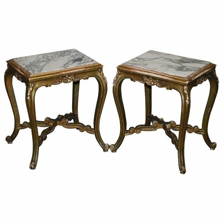 Pair Of French Circa 1860 Napoleon III Gold Giltwood Marble Topped Side Tables