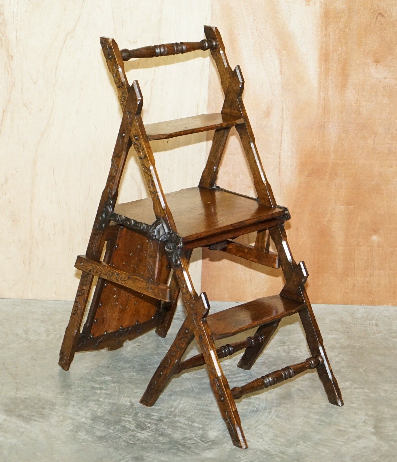 Ornately Carved Victorian 1880 English Oak Library Steps Metamorphic Chair photo for sale