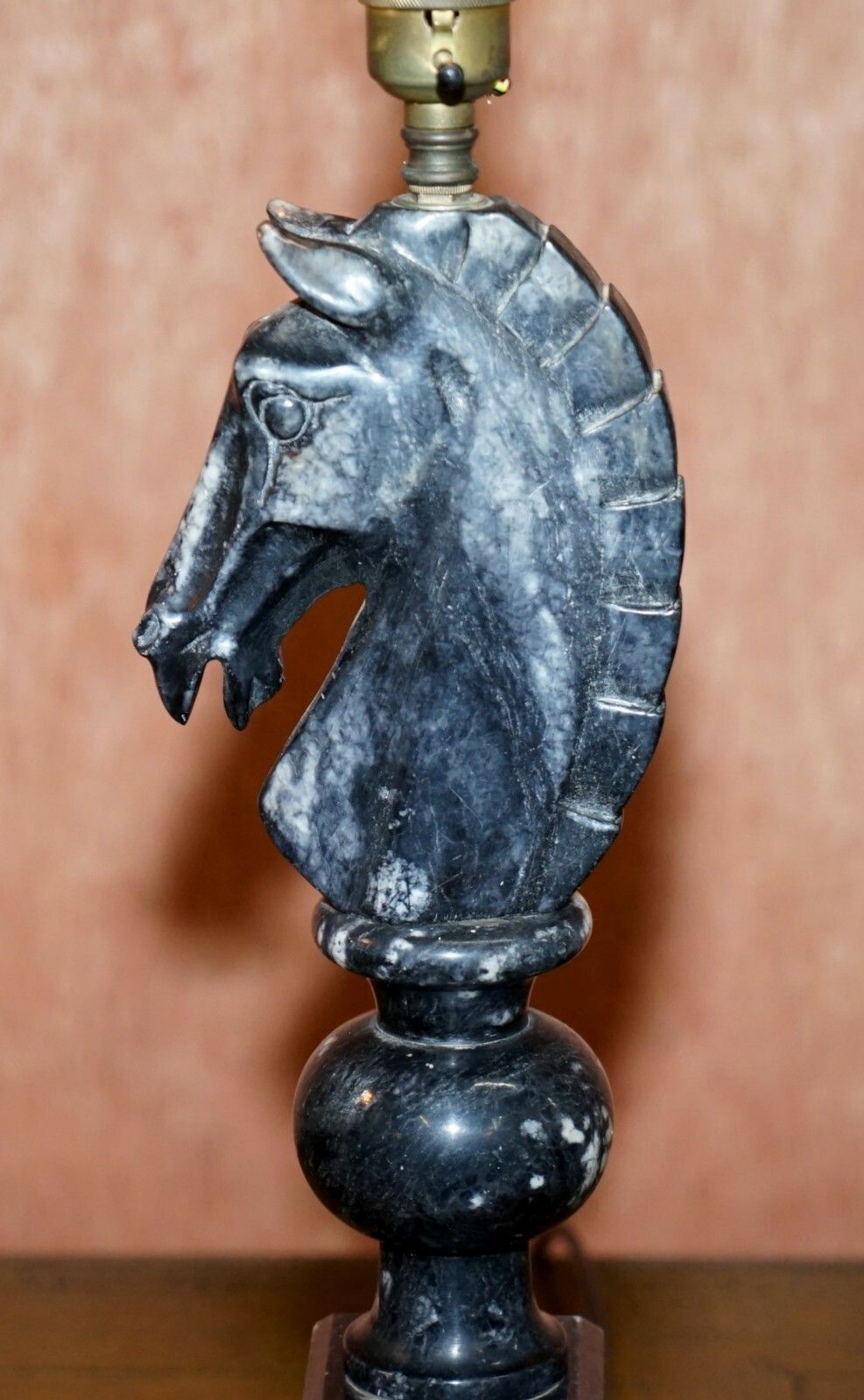 photo for sale Pair Of Original 1950's Italian Carrara Marble Chess Horse Lamps Fully Serviced