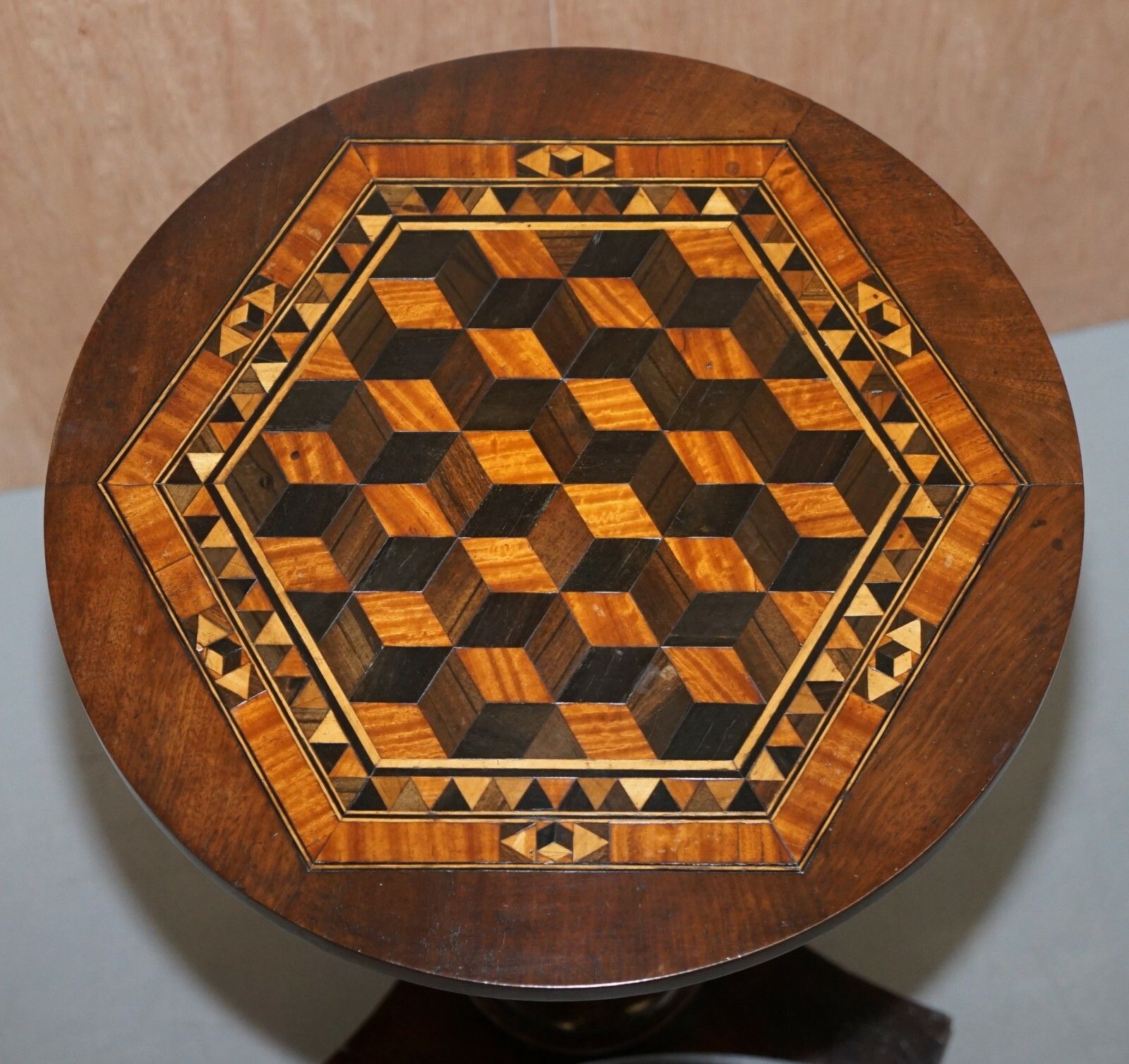 Rare Victorian Mahogany Occasional Table, Geometric Parquetry Inlaid Wood Top photo for sale