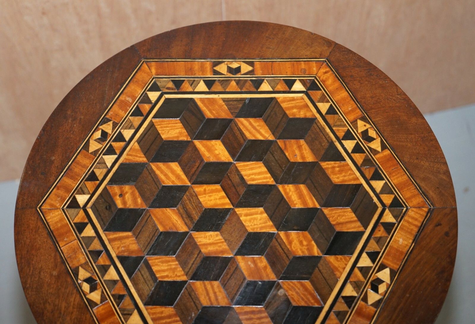 Rare Victorian Mahogany Occasional Table, Geometric Parquetry Inlaid Wood Top photo Furniture