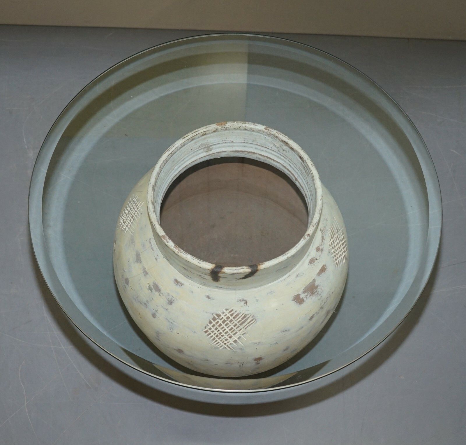 Pair Of Pottery Urn Pots, Large Thick Bevelled Glass Tops Side End Lamp Tables photo for sale