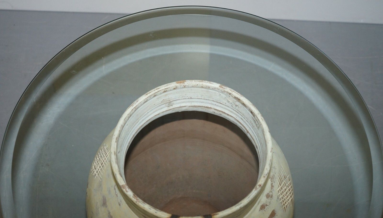 Pair Of Pottery Urn Pots, Large Thick Bevelled Glass Tops Side End Lamp Tables photo Furniture