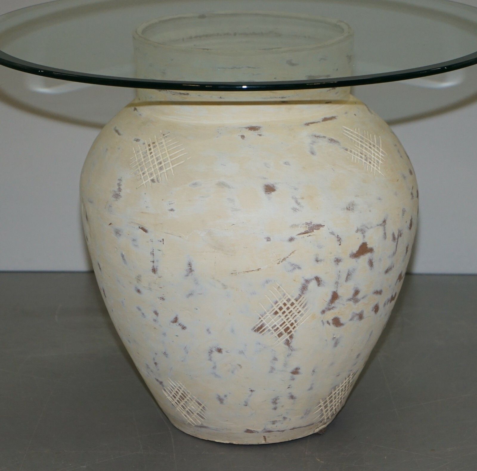 1500.0 Pair Of Pottery Urn Pots, Large Thick Bevelled Glass Tops Side End Lamp Tables photo