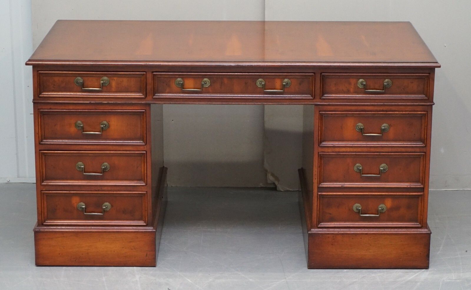 Lovely Burr Yew Wood Twin Pedestal Partner Desk With Complete Ornate Timber Top photo furniture