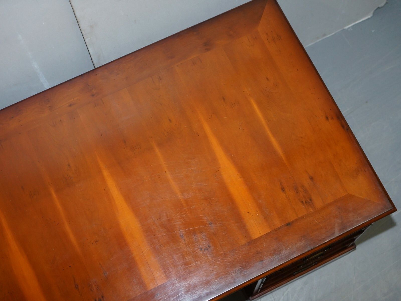 Lovely Burr Yew Wood Twin Pedestal Partner Desk With Complete Ornate Timber Top photo vintage