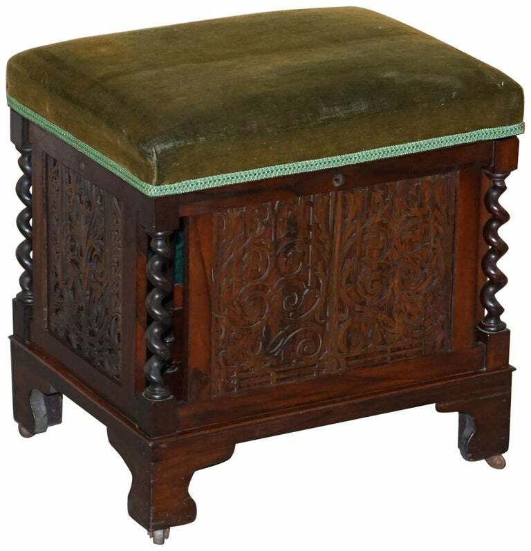 Sublime Antique Victorian Rosewood Heavily Carved Piano Stool Porcelain Castors