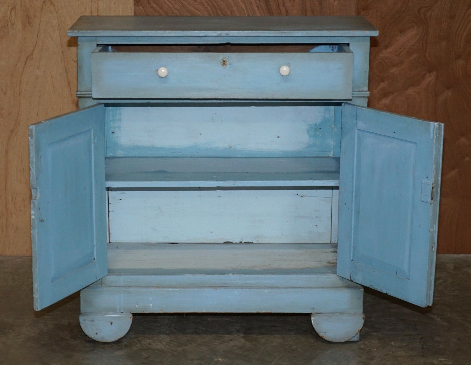 photo for sale Antique Circa 1880 French Hand Painted Duck Blue Pine Kitchen Sideboard Buffet