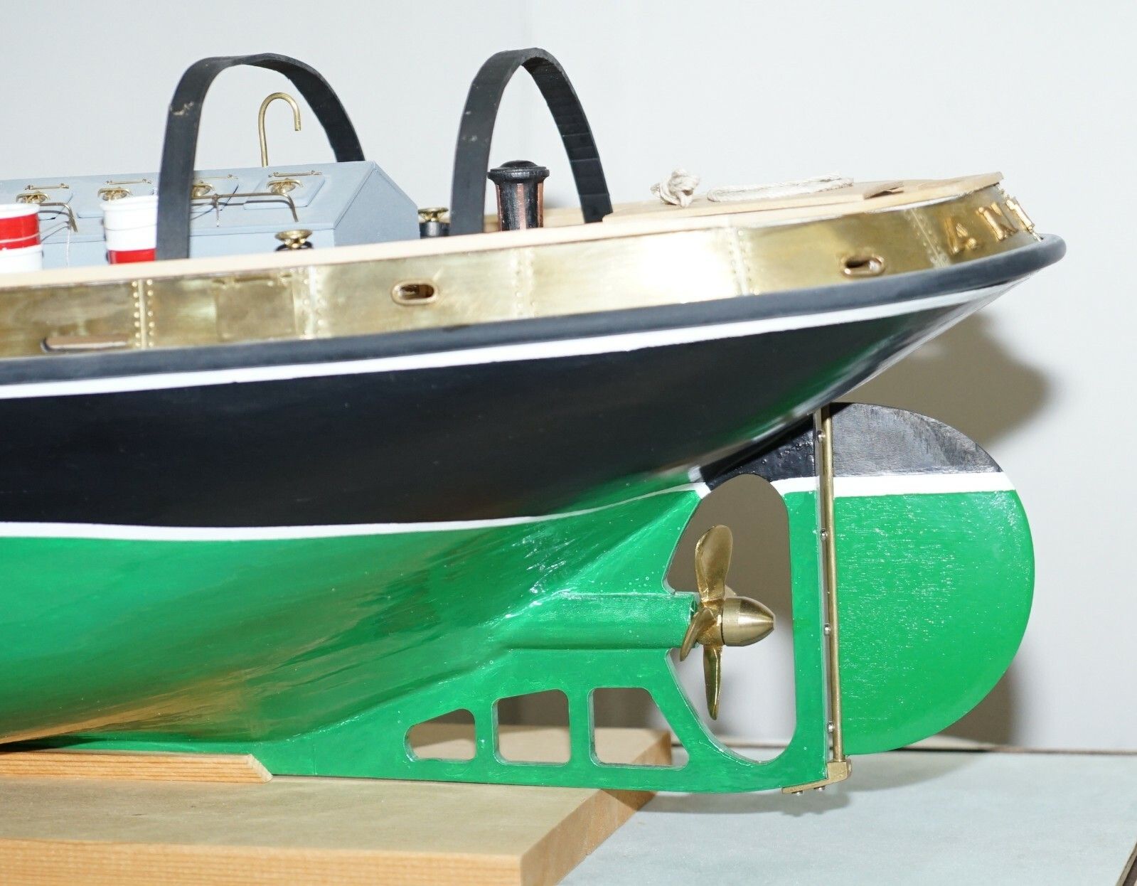 Large Model Ship Of The Anteo Tugboat In Mahogany Frame Glass Exhibition Case photo vintage