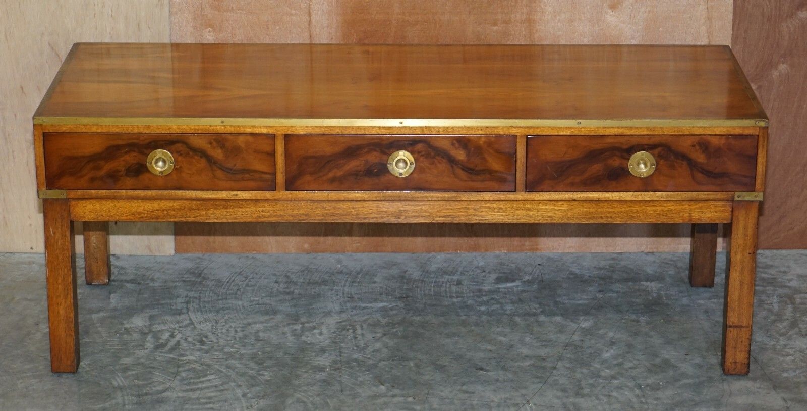 Lovely Restored Burr Walnut & Brass Military Campaign Three Drawer Coffee Table photo furniture