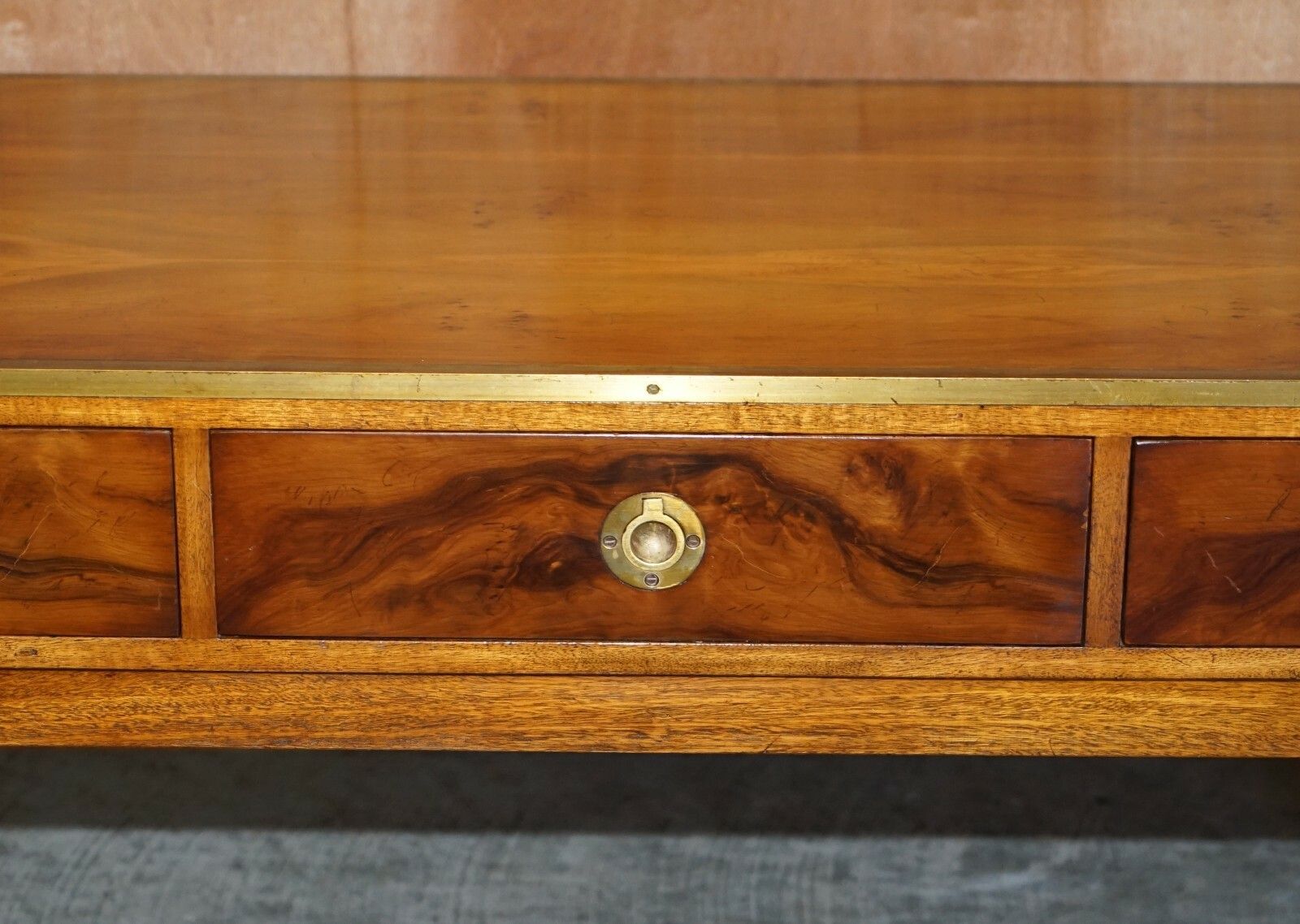 Lovely Restored Burr Walnut & Brass Military Campaign Three Drawer Coffee Table photo buy