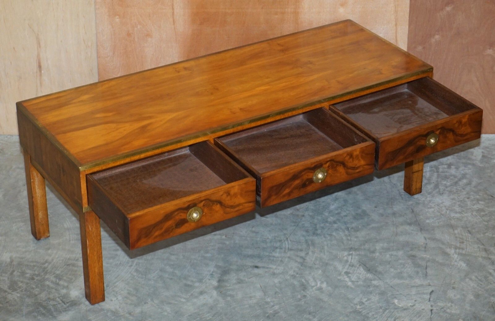 1500.0 Lovely Restored Burr Walnut & Brass Military Campaign Three Drawer Coffee Table photo