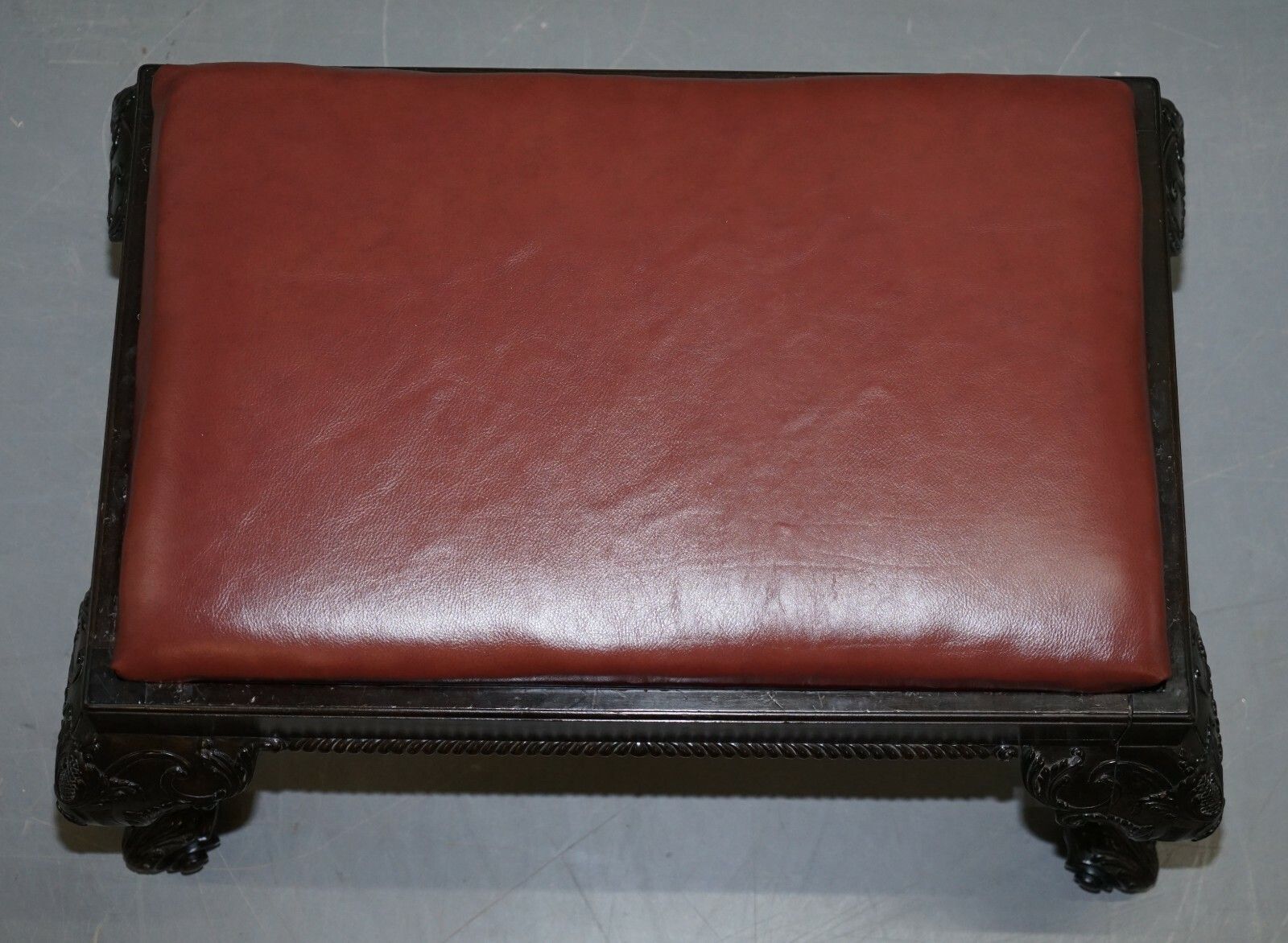 Antique Hand Carved English Georgian Claw & Ball Feet Footstool Brown Leather photo Furniture
