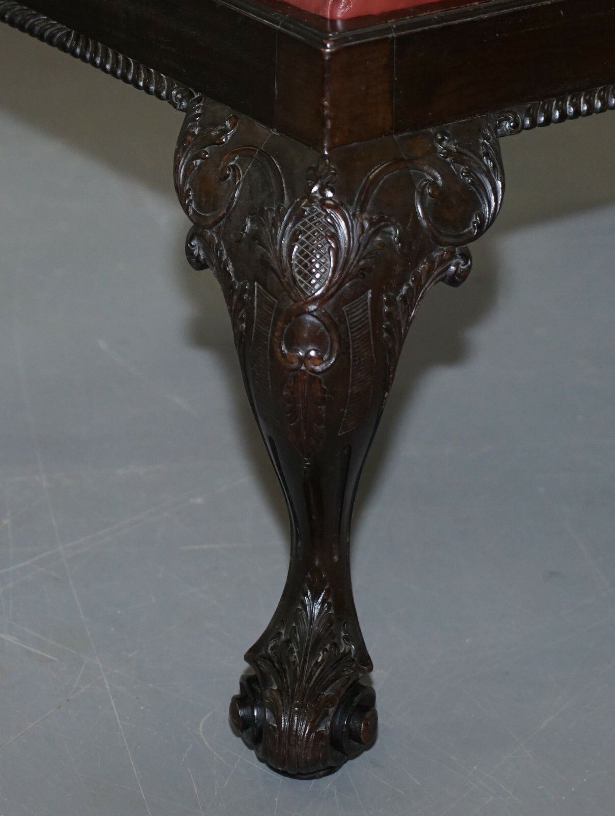 Antique Hand Carved English Georgian Claw & Ball Feet Footstool Brown Leather photo 1500.0