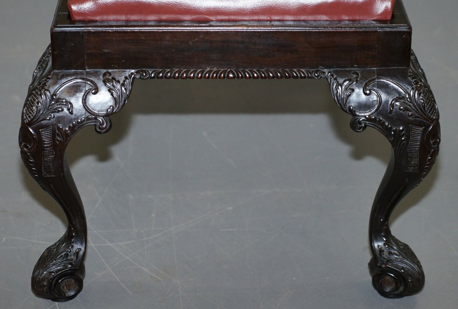 Furniture Antique Hand Carved English Georgian Claw & Ball Feet Footstool Brown Leather photo