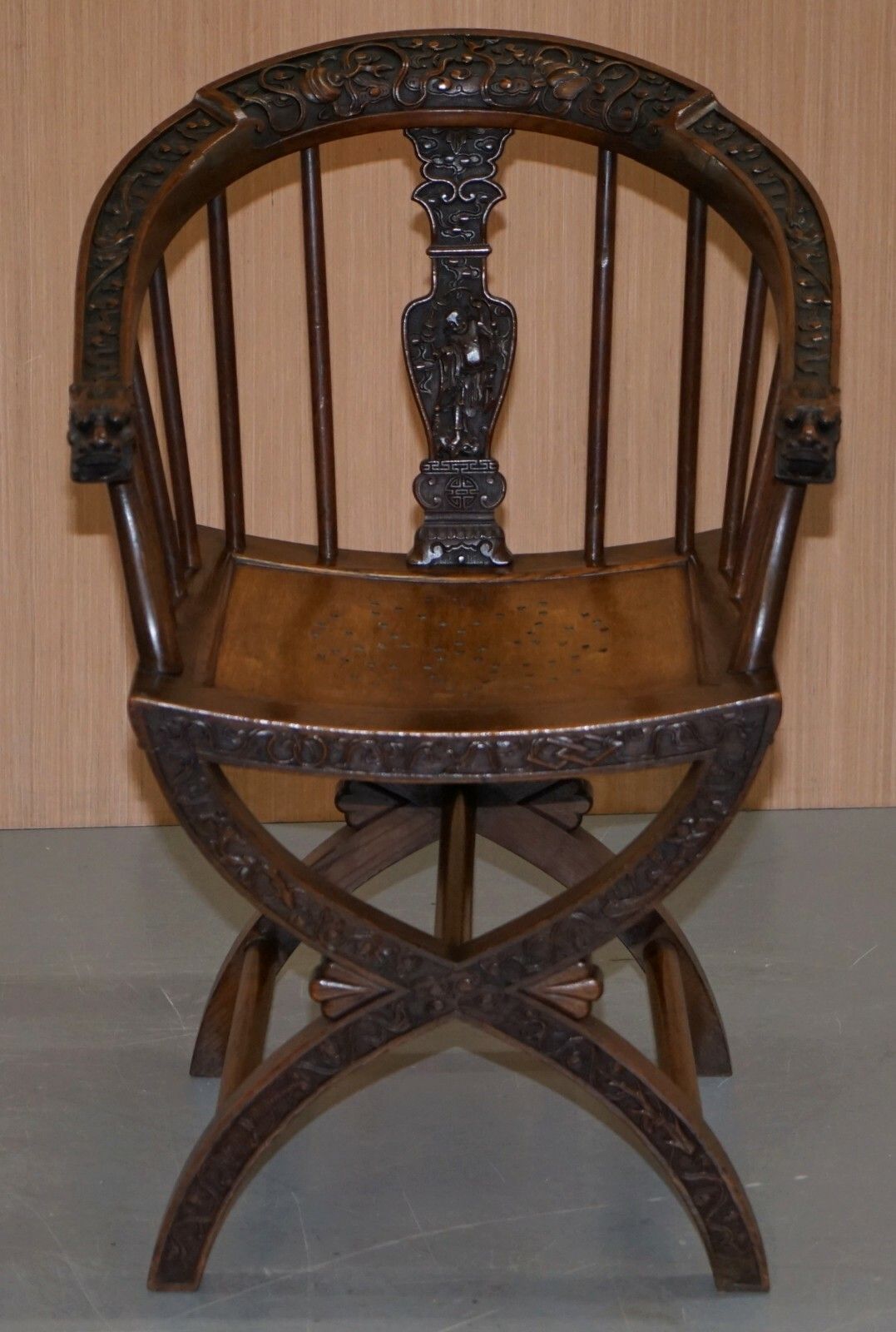 Rare Pair Of Circa 1900 Anglo Chinese Hand Carved Savonarola Armchairs Dragons photo for sale