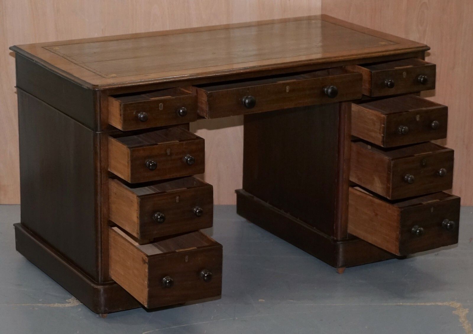 Vr Stamped Victoria Regina Mahogany Twin Pedestal Partner Desk Victorian 1860 photo vintage