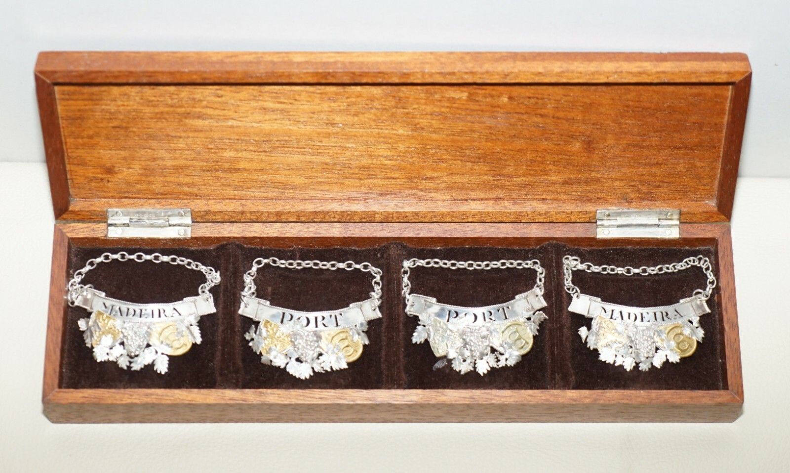 Sublime Set Of 1988 Sterling Solid Silver & Gold Decanter Labels Port & Maderia photo furniture