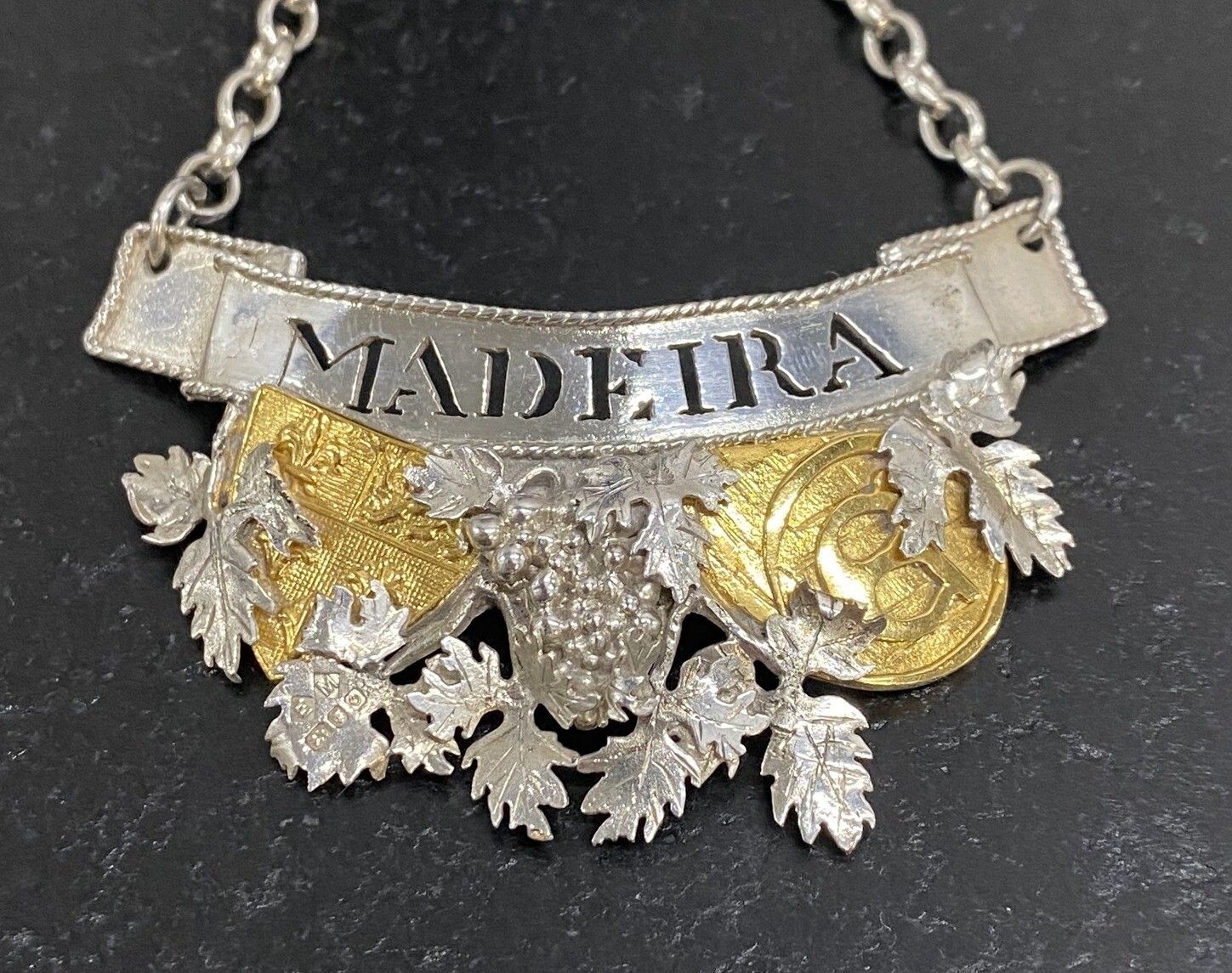 Sublime Set Of 1988 Sterling Solid Silver & Gold Decanter Labels Port & Maderia photo buy
