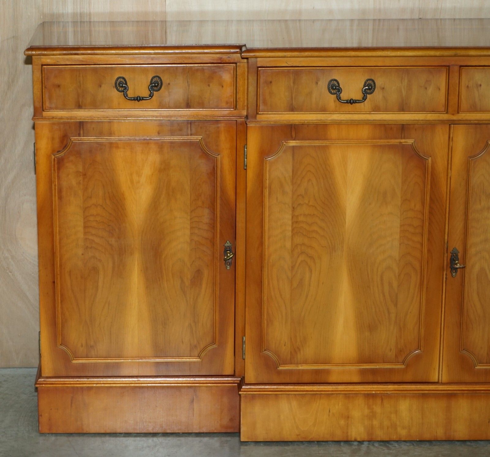 Vintage Burr Yew Wood Breakfront Sideboard With Four Drawers & Original Key photo Furniture