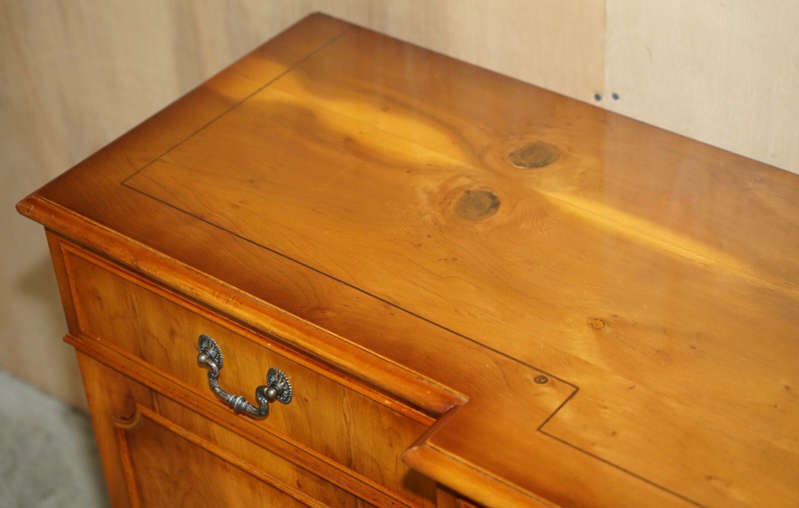 Vintage Burr Yew Wood Breakfront Sideboard With Four Drawers & Original Key photo vintage