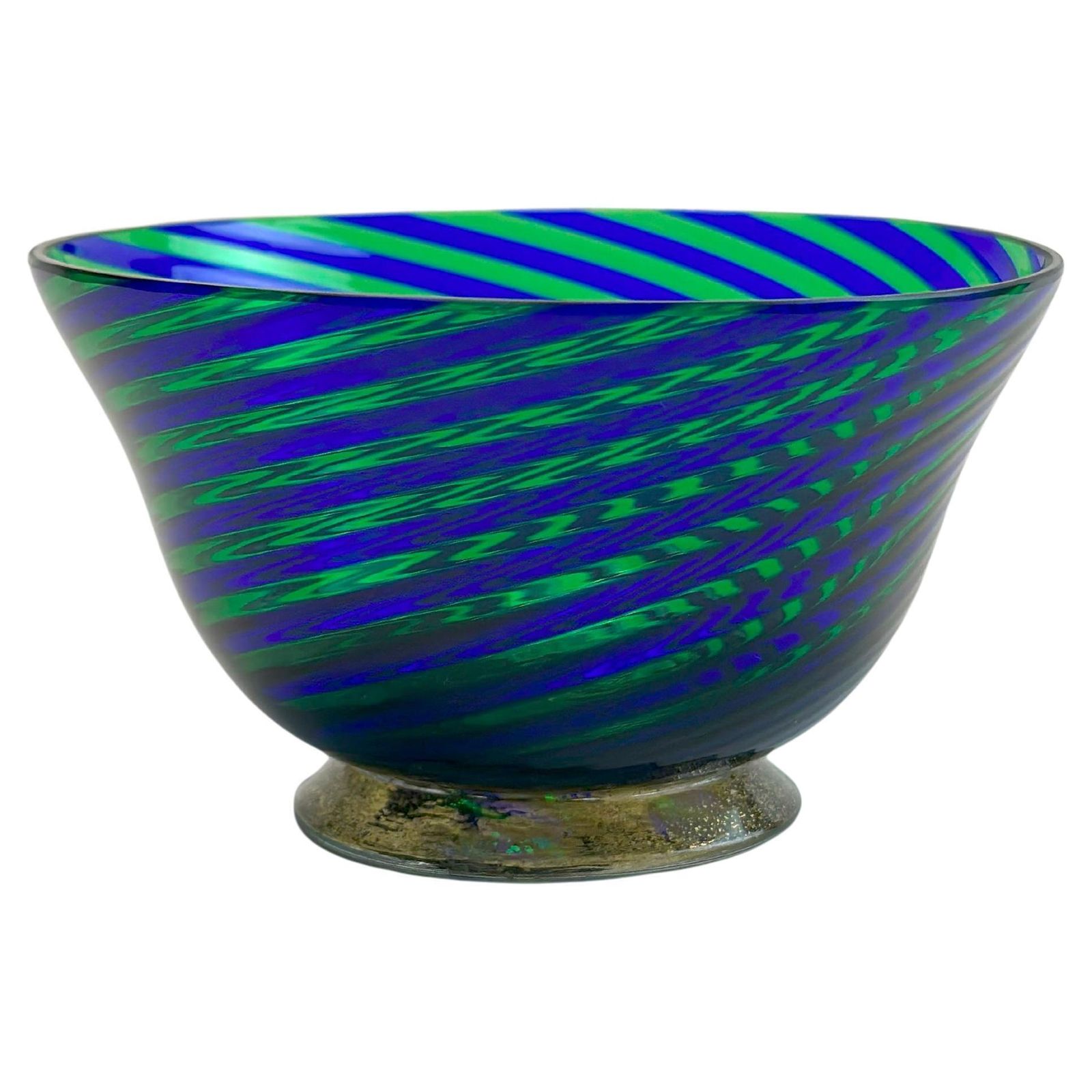 Murano Glass Bowl In Green And Blue Filigrana Stripes, Italy, 1970s