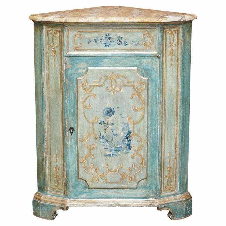 Hand Painted Vintage Corner Pot Cupboard In The French Taste With Marbled Top
