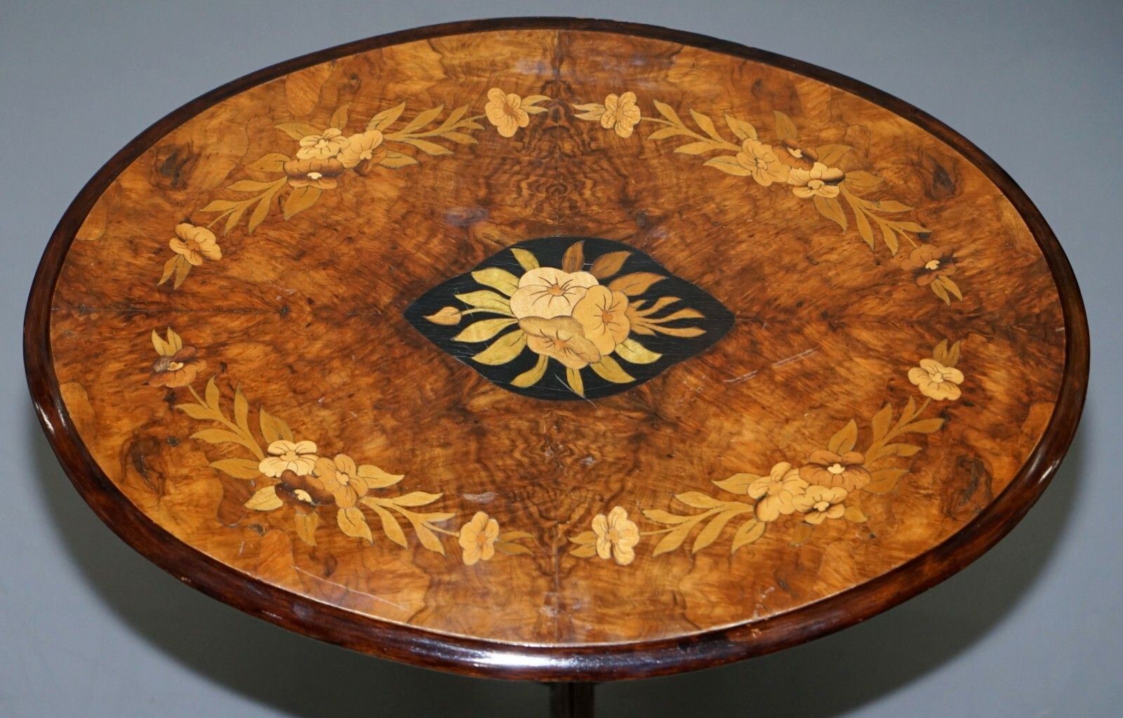 Victorian Walnut & Marquetry Inlaid Tilt Top Oval Side Table Bulbous Pedestal photo vinterior